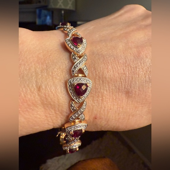 Gold over Sterling Silver Lab-Grown Red Ruby Trillion Bracelet - Picture 1 of 5